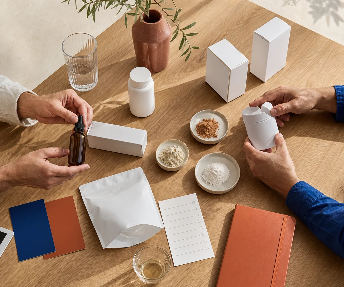 Mesa de proyecto Iberpaw con muestras, envases y documentación de producción